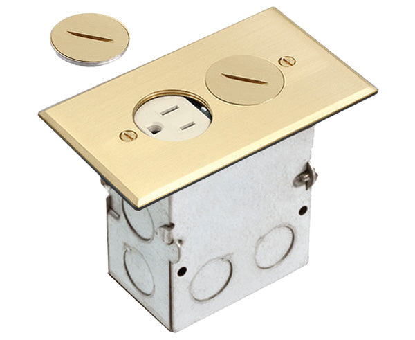 Single Gang Power Outlet Floor Box Kit with Steel Box and Metal Cover with Threaded Plugs - Brass cover