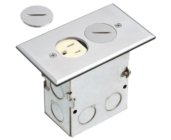 Installation shot of brass single gang power outlet floor box- nickel plated cover