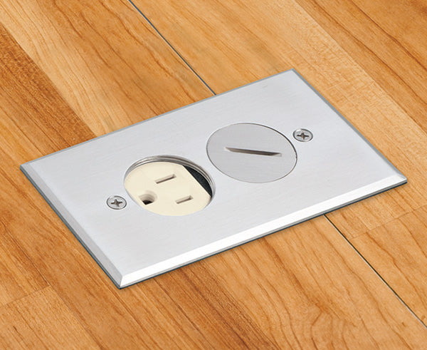 Installation shot of nickel plated cover single gang power outlet floor box