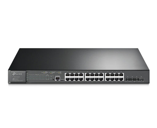 JetStream 24-Port Gigabit and 4-Port 10GE SFP+ L2+ Managed Switch with 24-Port PoE+ Front View