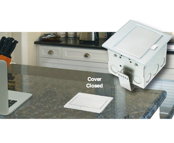 Power Outlet Countertop Box Kits w/ 2 USB Ports & Stainless Steel Color Trapdoor Covers 20A Duplex TR Receptacles on the counter cover closed